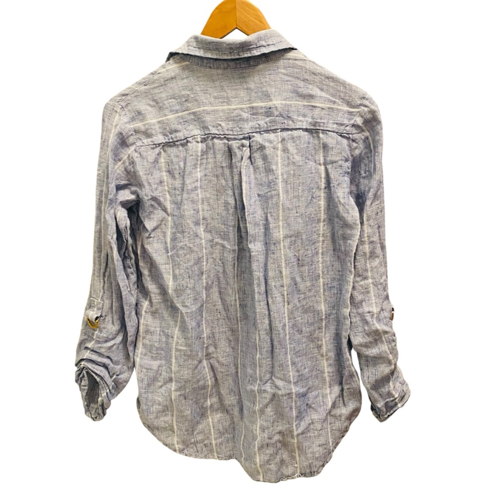 Ellen Tracy 100% Linen Gauzy Shirt Sz Small Popover Blue Stripe Roll Tab Sleeves - Picture 2 of 6